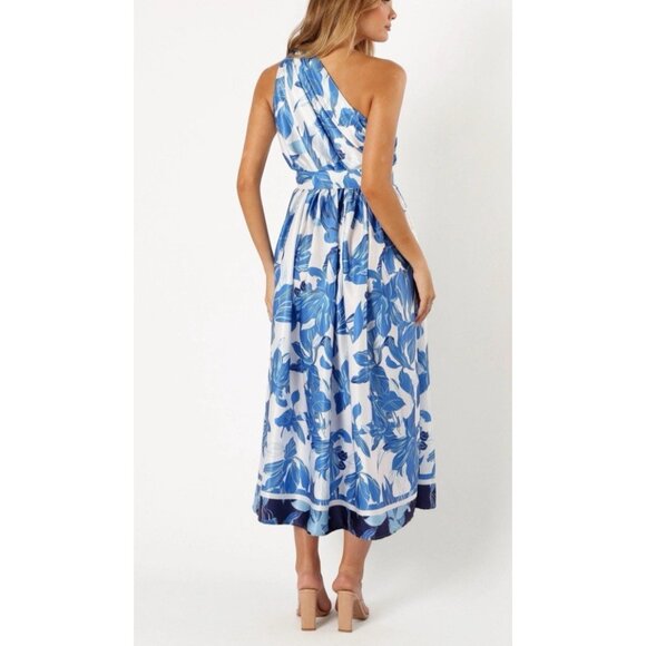 Petal & Pup Midi Dress 10 Blue White Floral Silky One Shoulder Washable NEW - Picture 7 of 16